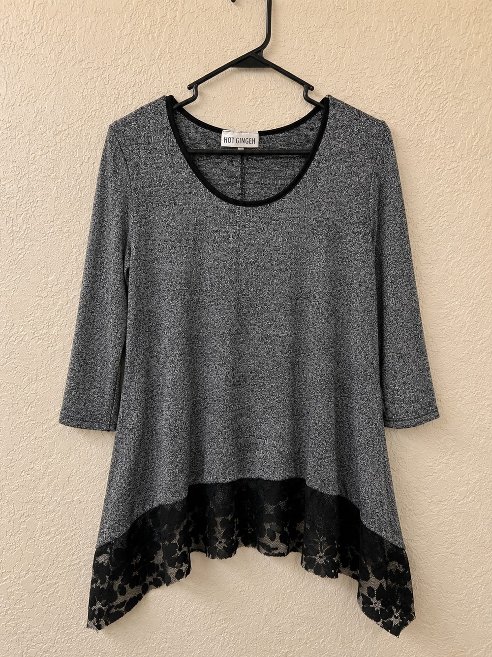Hot Ginger Gray Knit Top with Black Lace Hem